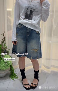 贞子小铺6170夏新款美式复古破洞水洗牛仔短裤女宽松阔腿五分中裤