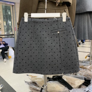 拾一颜色家3760灰色毛呢波点半身裙女冬开叉高腰显瘦A字包臀短裙