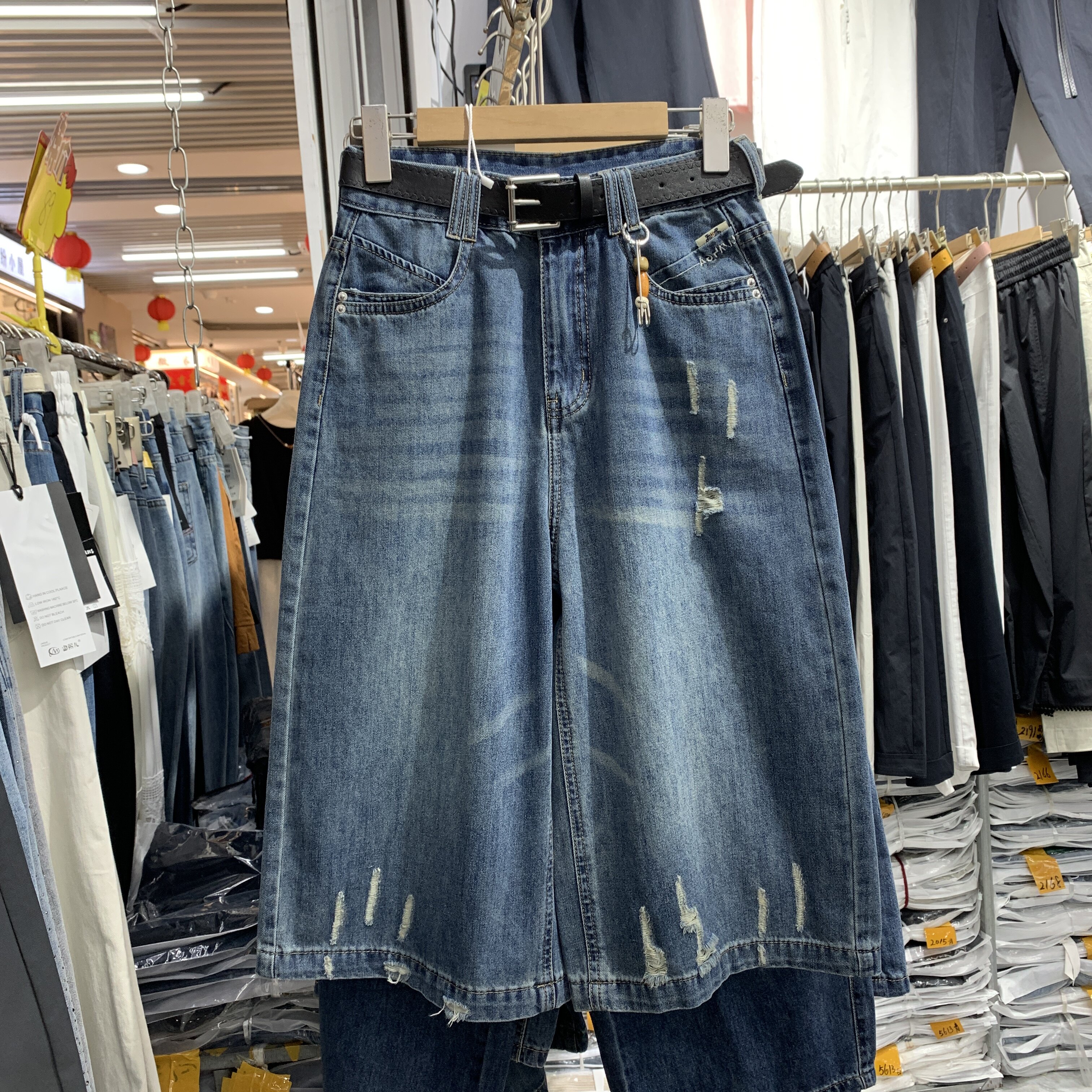 韩佰莉6701欧货破洞七分牛仔短裤女夏季薄休闲宽松小个子阔腿中裤