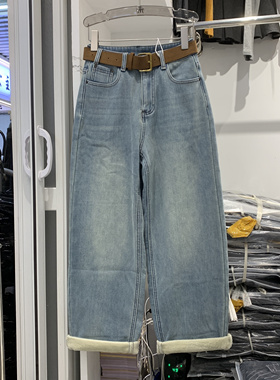 恒木子3855欧货2025冬款复合绒加厚高腰显瘦九分牛仔男友裤老爹裤