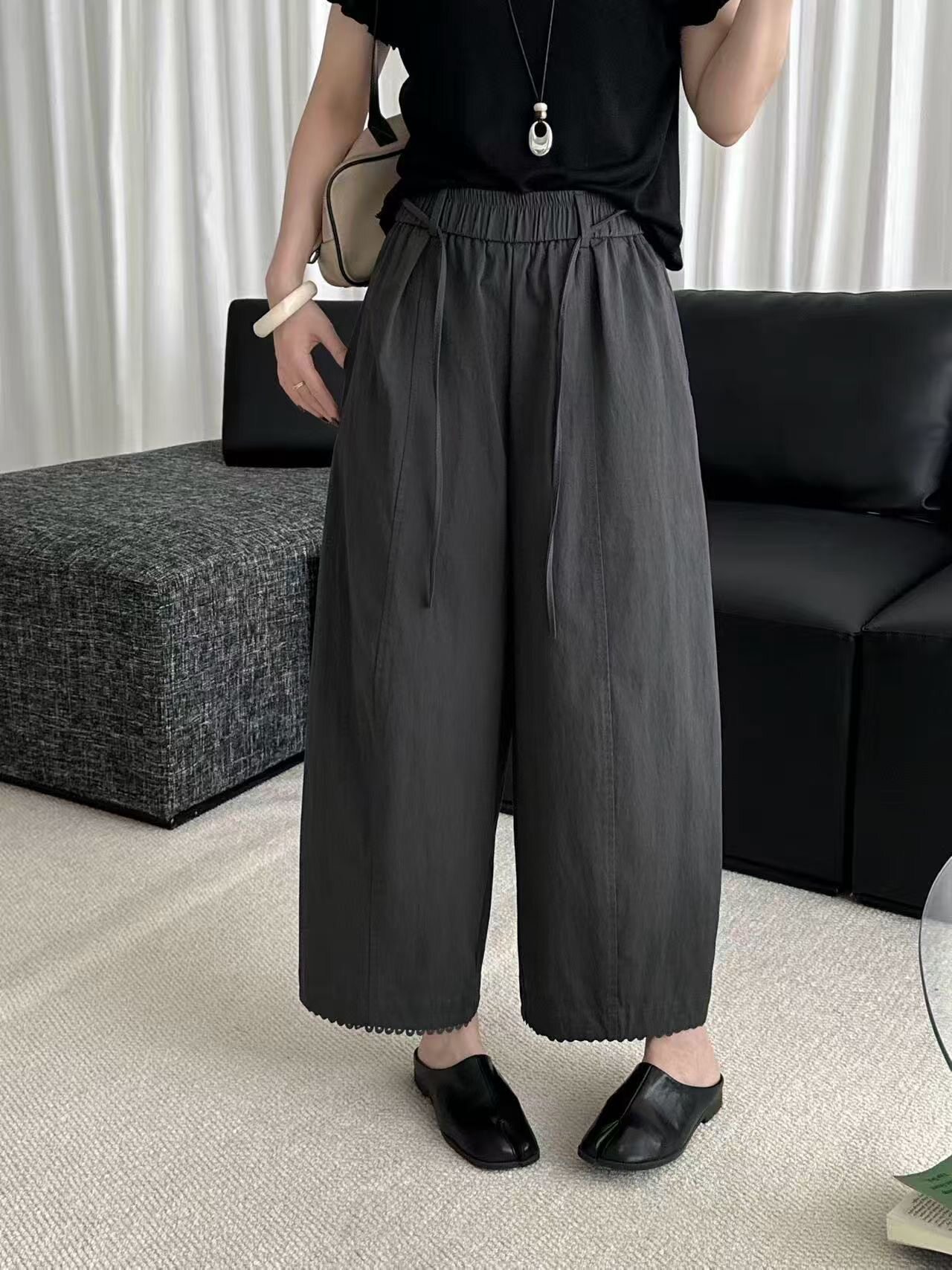 泓洛菲8535韩系松紧腰绑带遮肉休闲裤女2026早秋新显瘦九分阔腿裤