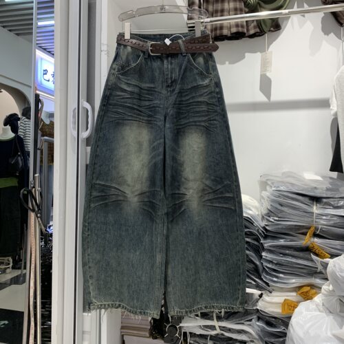 QianHe千贺66963秋复古做旧水洗阔腿慵懒牛仔裤欧货洋气脏脏裤潮
