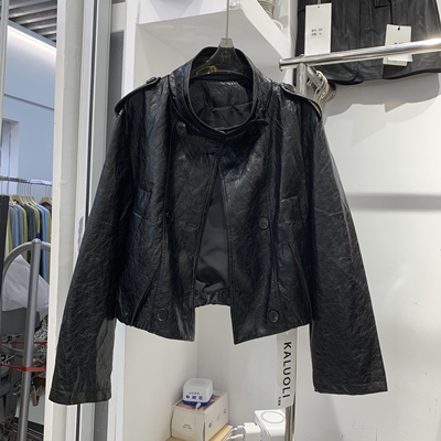 卡洛里5129复古立领油蜡皮双排扣皮衣短外套女2025秋季设计感外套