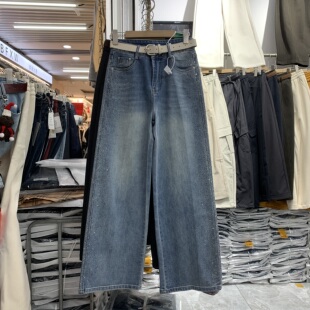 新高腰拖地牛仔长裤 女2026春装 阔腿裤 梦佳瑶7506重工侧边烫钻窄版