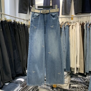 Aiyueniao8125早春新款设计感烫钻牛仔长裤女时髦流行直筒阔腿裤