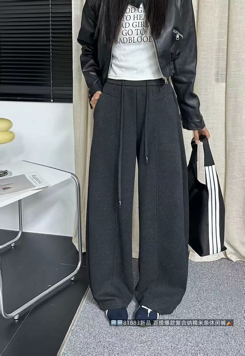 韩佰莉81883秋冬新抽绳松紧腰宽松阔腿裤加厚卫裤休闲裤弯刀裤女