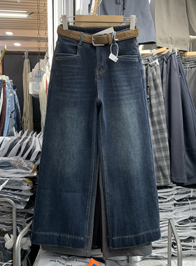 梦佳瑶2089加绒九分阔腿牛仔裤高腰小个子弹力加厚直筒裤显瘦