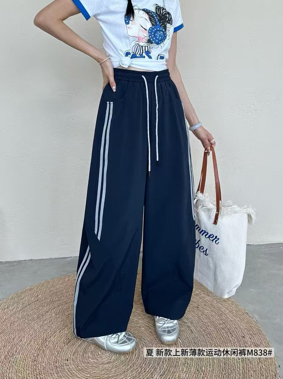 韩佰莉838侧边条纹拖地直筒阔腿裤女2026夏装新款女装休闲裤子潮