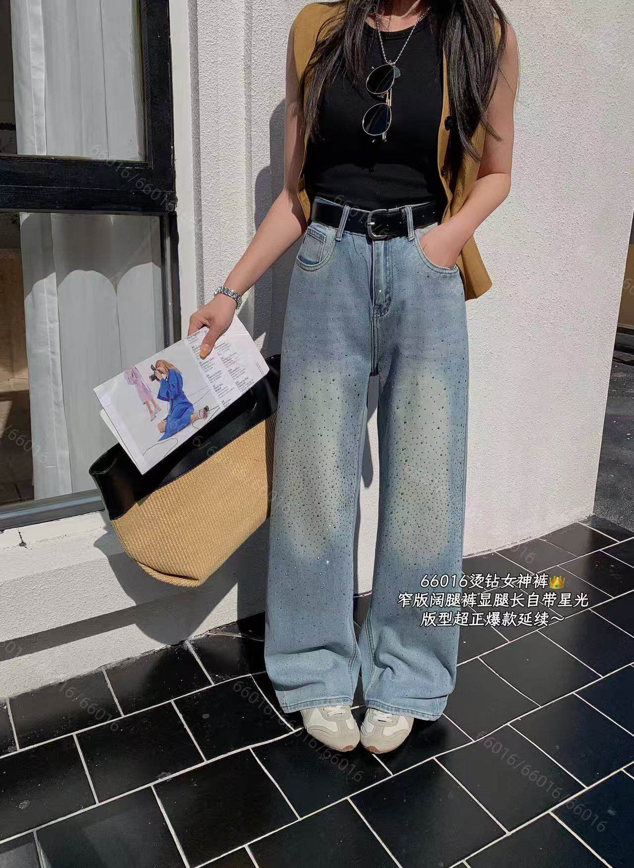 CGZ潮公主66016春款烫钻窄版阔腿裤女宽松显瘦直筒裤牛仔拖地裤潮