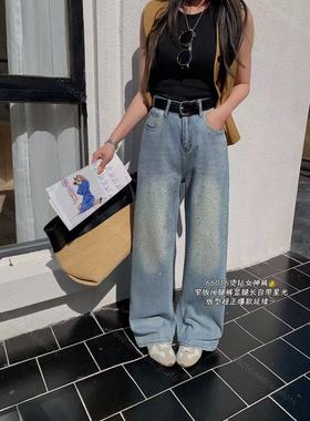 CGZ潮公主66016春款烫钻窄版阔腿裤女宽松显瘦直筒裤牛仔拖地裤潮