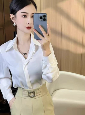 堂熙泉T320缎面衬衫女2025秋款正肩时尚上衣职场轻熟风白色衬衣