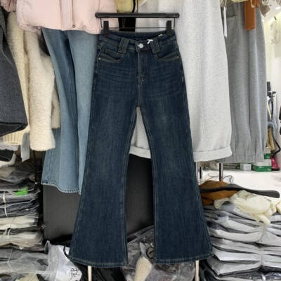 梵诗羽9800-3小个子修身显瘦微喇牛仔裤女冬款加绒加厚九分喇叭裤