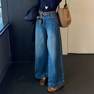 梦佳瑶5827十分阔腿牛仔裤女2026早春新款高腰压线设计感直筒裤女