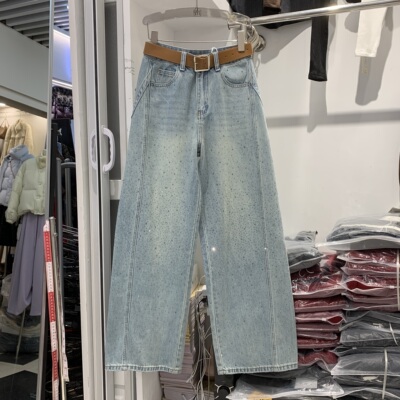 恒木子2011欧货春高腰时尚宽松直筒重工烫钻显瘦阔腿弯刀牛仔裤女