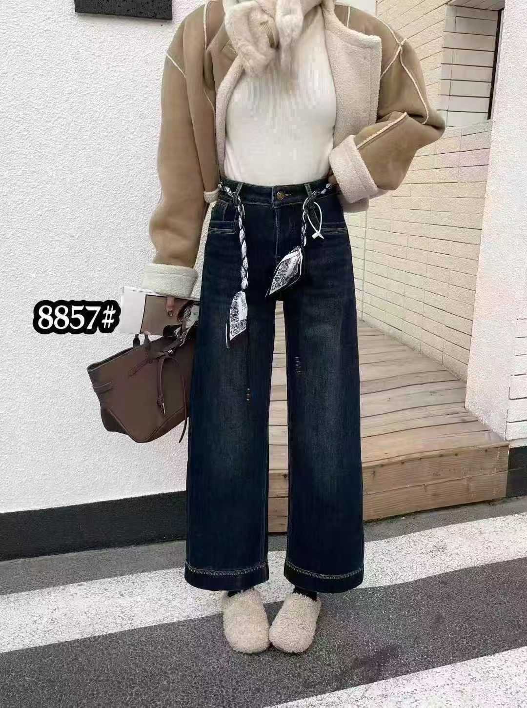 梦佳瑶8857加绒窄版阔腿牛仔裤女冬韩版宽松显瘦小个子九分直筒裤