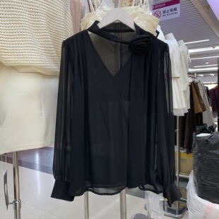 百搭上衣 时尚 堂熙泉C6037气质v领飘带花朵微透衬衫 女早春2026新款