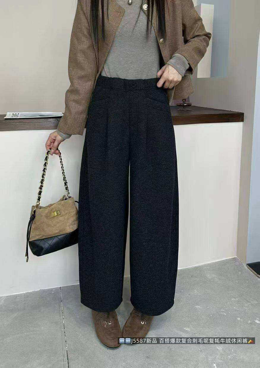 韩佰莉5587欧货2026冬款松紧高腰显瘦毛呢休闲裤女直筒阔腿九分裤