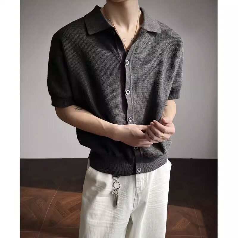 老钱风开衫针织衫短袖polo衫男款夏季高级感美式正肩大码半袖t恤