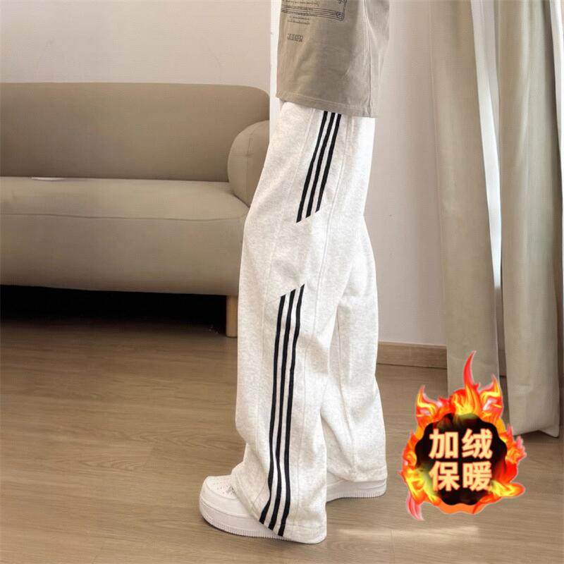 潮裤青少年秋冬款美式高街潮牌加绒卫裤三条杠条纹直筒街头校园风