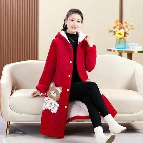 加长款棉衣外套保暖连帽冬季新款加厚三层加绒家居珊瑚睡衣罩衣女