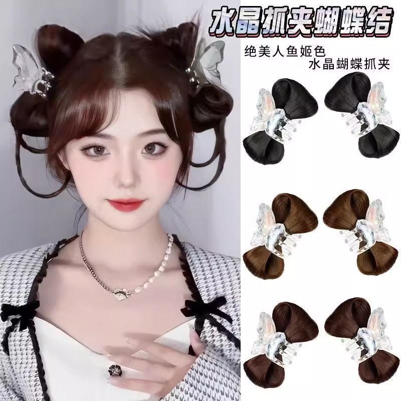 人鱼姬蝴蝶结丸子头假发抓夹女新款水晶发包双马尾甜酷拳击辫丸子