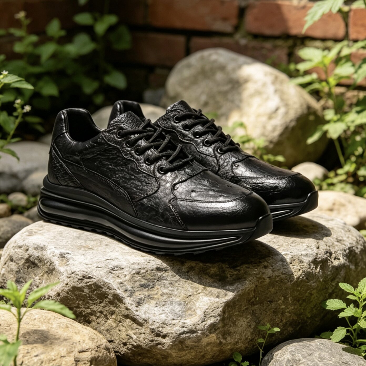 鸵鸟皮气垫慢跑鞋男士稀有皮休闲运动鞋柔软舒适轻盈防滑减震男鞋