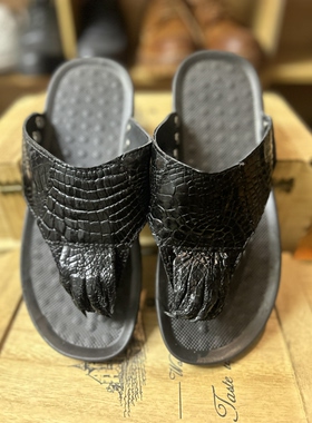 鳄鱼皮人字拖鞋带爪招财真皮凉鞋稀有皮沙滩鞋拖鞋时尚休闲男鞋