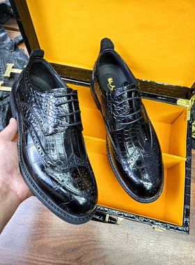 拼接鳄鱼皮布洛克雕花休闲皮鞋手工贯穿缝制真皮大底轻奢正装皮鞋