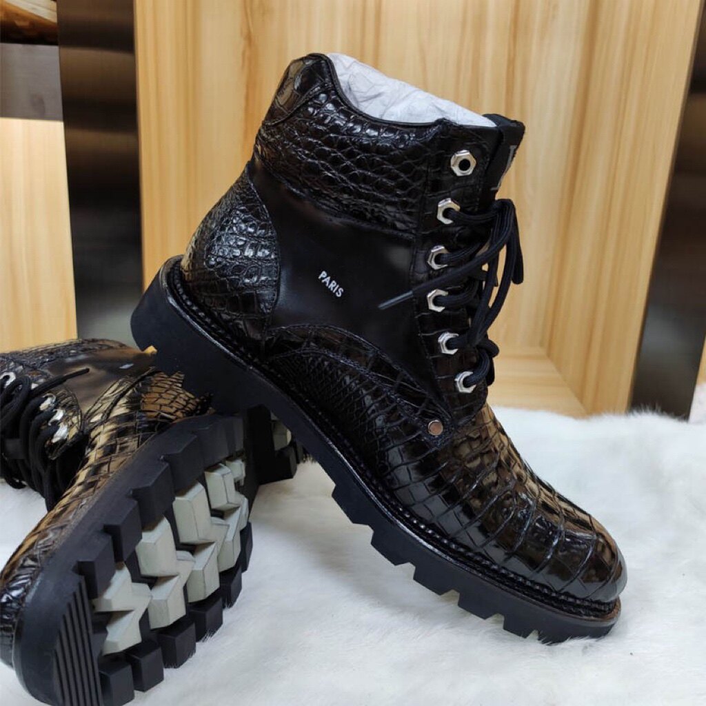 高定鳄鱼皮马丁靴固特异手工定制男士真皮英伦风中帮工装靴休闲鞋