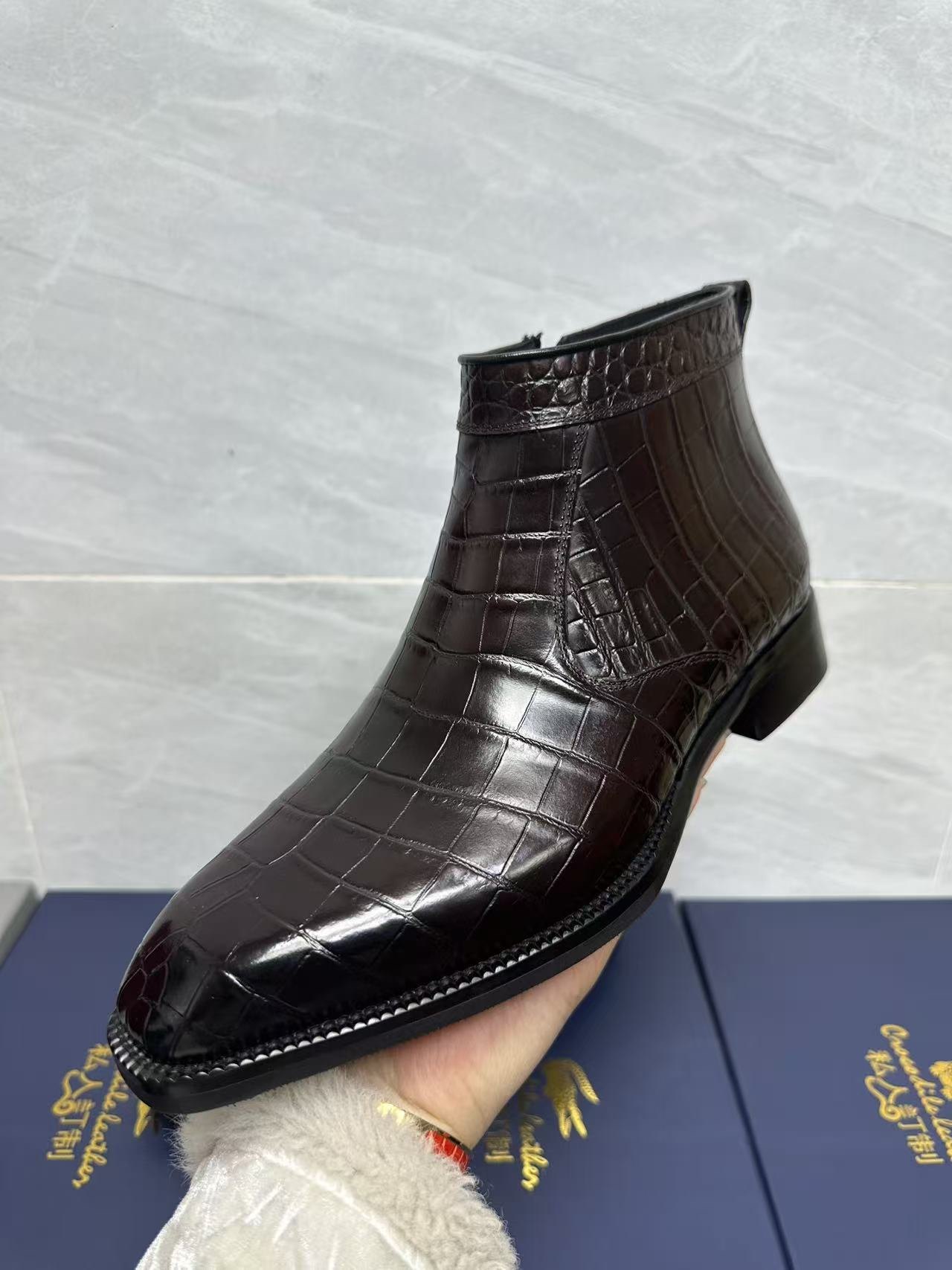 鳄鱼皮切尔西靴加羊毛冬季男士休闲短靴真皮尖头马丁靴英伦风男靴