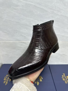 鳄鱼皮切尔西靴加羊毛冬季男士休闲短靴真皮尖头马丁靴英伦风男靴