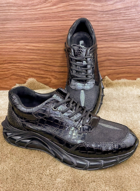 恶魔之眼珍珠鱼皮爆米花男鞋魔鬼鱼拼鳄鱼皮气垫鞋真皮休闲运动鞋