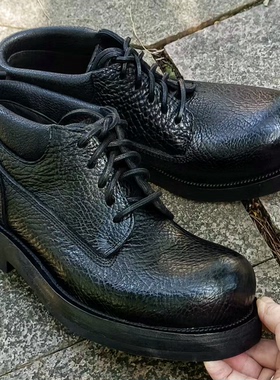 5孔野牛皮大黄靴男中帮马丁靴固特异手工缝制皮跟皮底复古户外靴