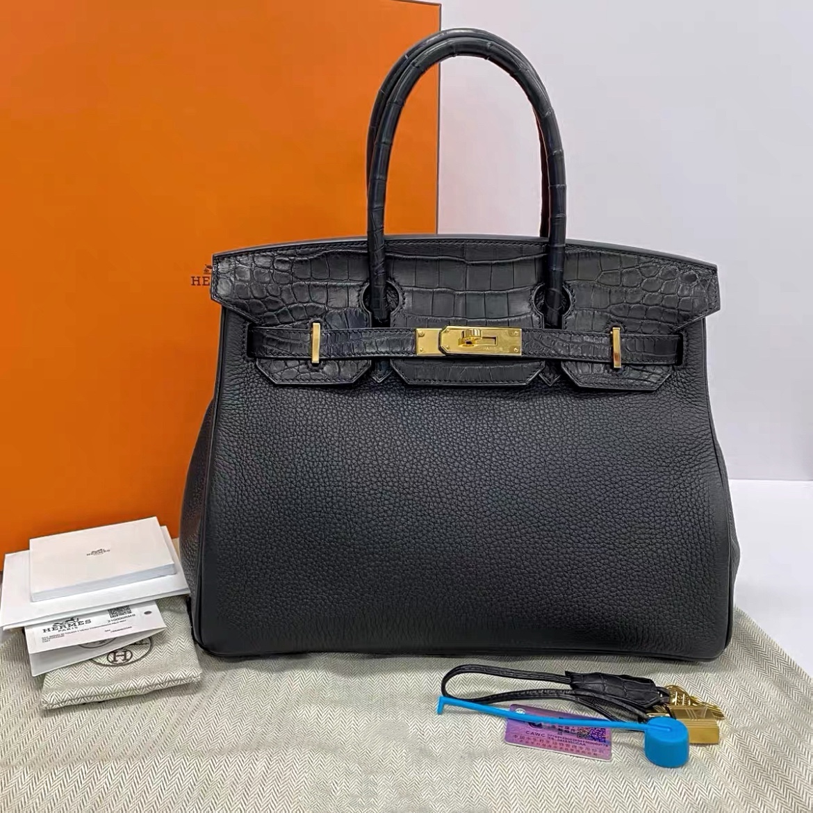 尾单鳄鱼皮铂金包20cm雾面尼罗鳄鱼肚皮配荔纹牛皮手提单肩斜挎包