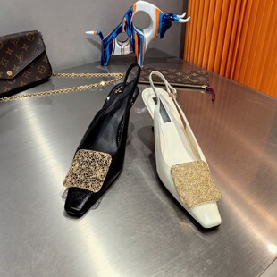 欧洲站G女鞋26春时尚金属方扣软爆裂纹牛皮方头后空细高跟单凉鞋