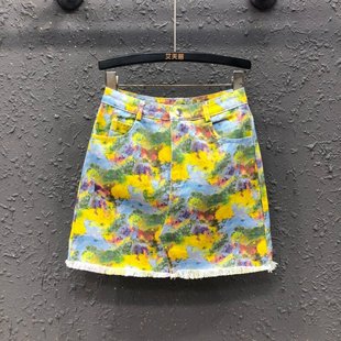 时尚 高腰显瘦毛边A字包臀短裙 街头扎染油画牛仔半身裙女26春新款