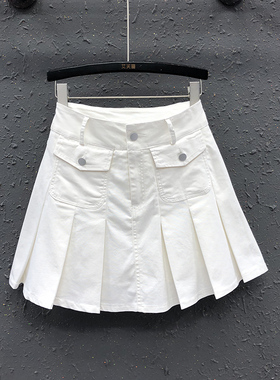 白色牛仔半身裙女2026春夏新品网红气质百搭百褶裙显瘦a字短裙潮