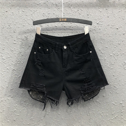 黑色牛仔短裤女阔腿破洞显瘦
