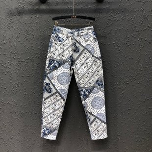 显瘦百搭高腰哈伦裤 加绒加厚修身 25秋冬新款 复古图腾印花牛仔长裤