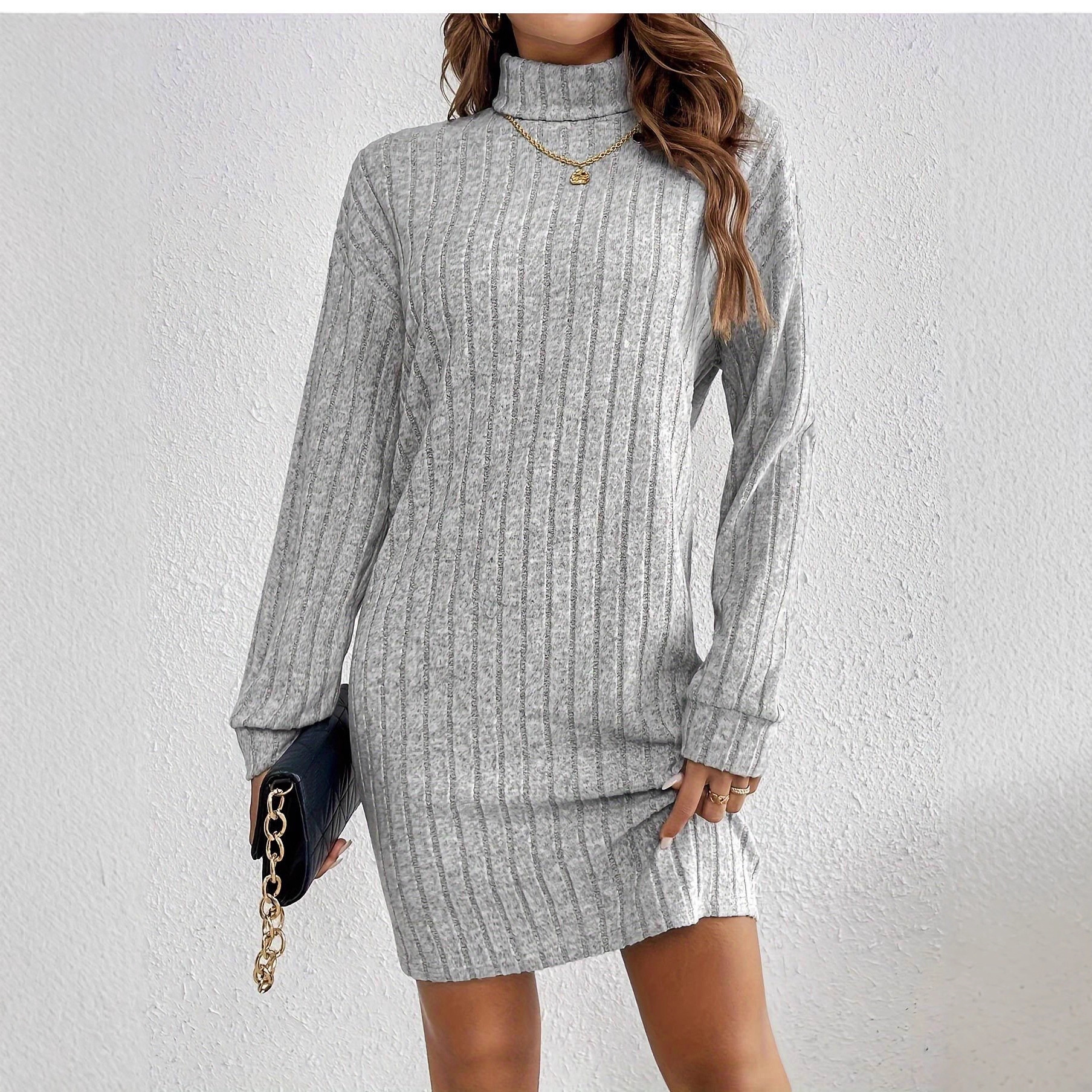 亚马逊2025欧美女装中长裙子时尚磨毛条纹秋季高领长袖连衣裙