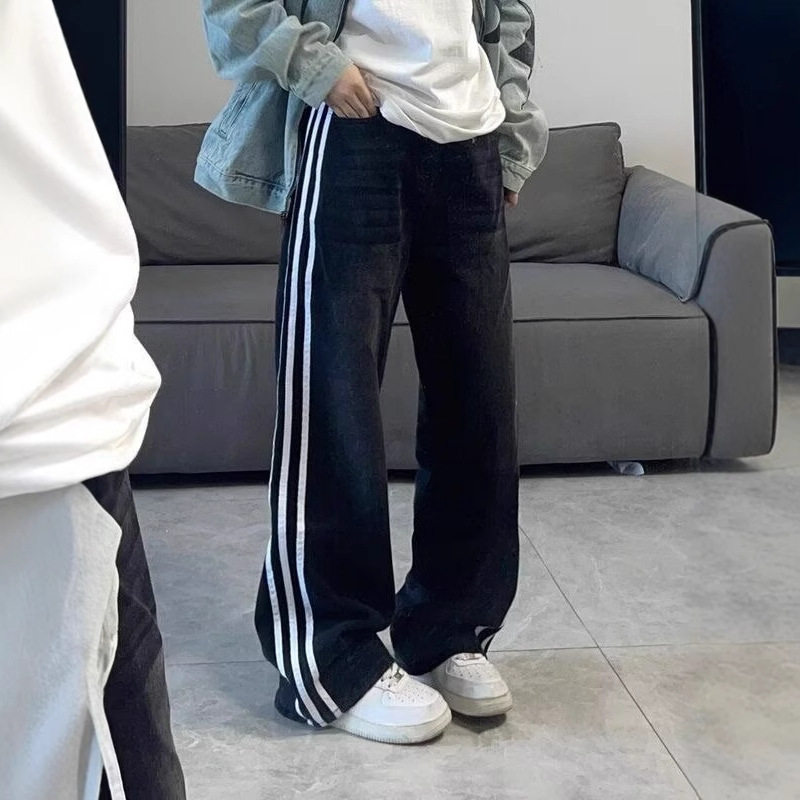 拼接三条杠牛仔裤男秋季美式潮牌直筒裤子宽松百搭阔腿长裤子ins,男装,牛仔裤,淘宝优惠券,粉丝福利购,淘宝优惠卷