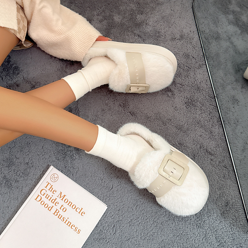 跨境毛毛拖女外穿2025冬季新款室内舒适皮带扣保暖毛绒拖鞋批发