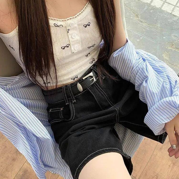 黑色五分直筒牛仔短裤女夏季双线高腰宽松显瘦休闲a字阔腿中裤潮