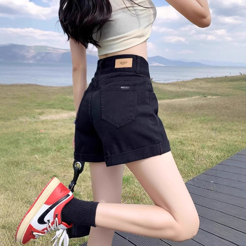 黑色牛仔短裤女夏季薄款2025新款大码高腰弹力显瘦a字阔腿热裤子