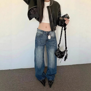 女潮牌百搭长裤 复古街头水洗做旧闪电裂纹牛仔裤 美式 2026年冬季