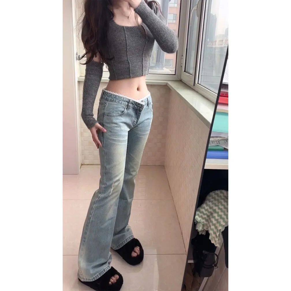 美式水洗浅色微喇牛仔裤女秋冬新款蕾丝拼接低腰宽松不贴腿喇叭裤