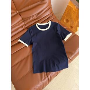 撞色圆领短袖 上衣 T恤女休闲百搭设计感正肩袖