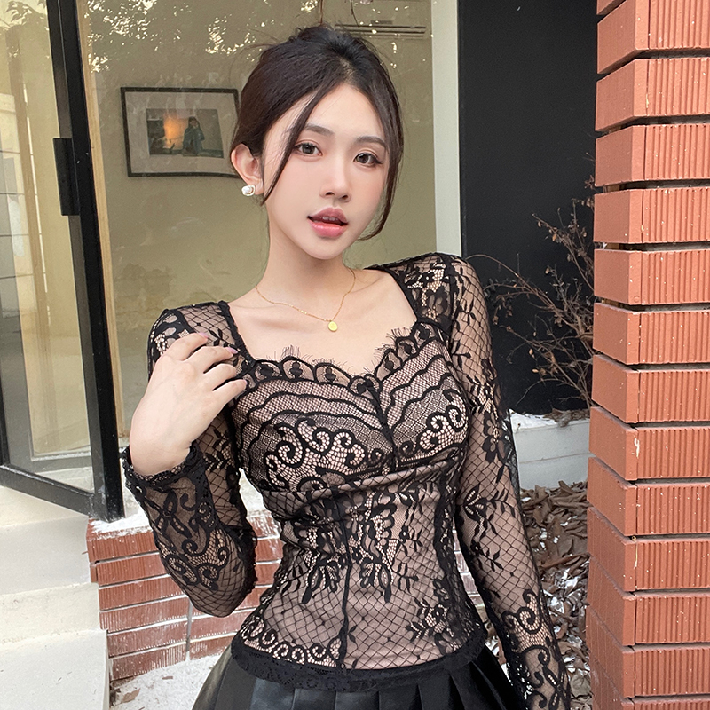 instahot蕾丝气质拼接上衣女