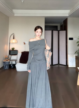 instahot 灰色一字肩淡人穿搭连衣裙女秋季流行风格轻奢宴会长裙