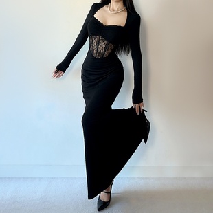 法式性感黑色蕾丝长袖连衣裙女秋季新款气质鱼骨设计高级礼服长裙